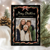 赤いエレガントリボンと緑の黒2枚の写真 箔シーズンカード