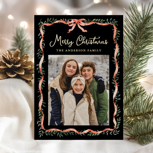 赤いエレガントリボンと緑の黒2枚の写真 箔シーズンカード