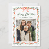 赤いエレガントリボンと緑2枚の写真 シーズンカード (正面)