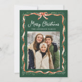 赤いエレガントリボンと緑2枚の写真 シーズンカード (正面)