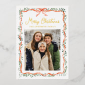 赤いエレガントリボンと緑2枚の写真 箔シーズンカード (正面)