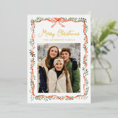 赤いエレガントリボンと緑2枚の写真 箔シーズンカード (立ち正面)