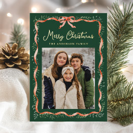 赤いエレガントリボンと緑2枚の写真 箔シーズンカード