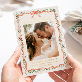 赤いエレガントリボンの緑の写真日付を保存 箔招待状