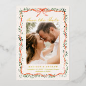 赤いエレガントリボンの緑の写真日付を保存 箔招待状 (正面)