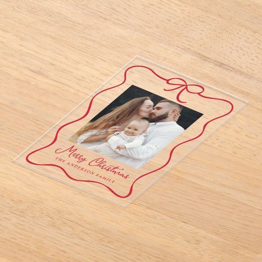 赤いエレガントリボン弓フォトアクリルホリデーカード アクリル招待状 (レイダウン)