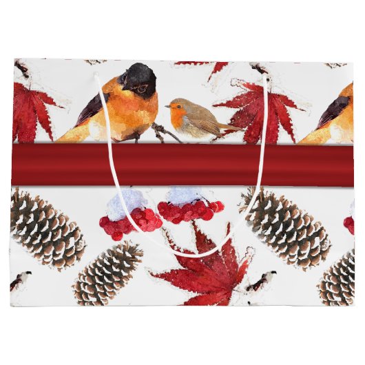 赤いエレガントリボン水彩冬のパターン ラージペーパーバッグ (裏面)