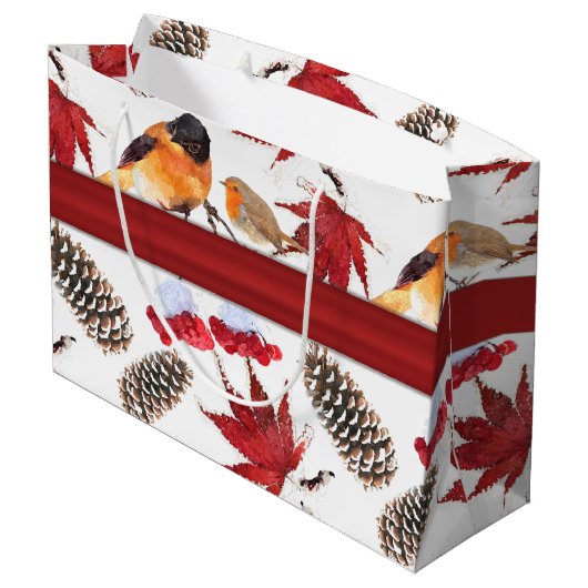 赤いエレガントリボン水彩冬のパターン ラージペーパーバッグ (裏面アングル)