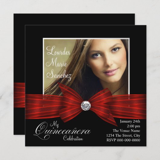 赤いエレガントリボン黒い赤い写真キンセアニェラ 招待状 (正面/裏面)