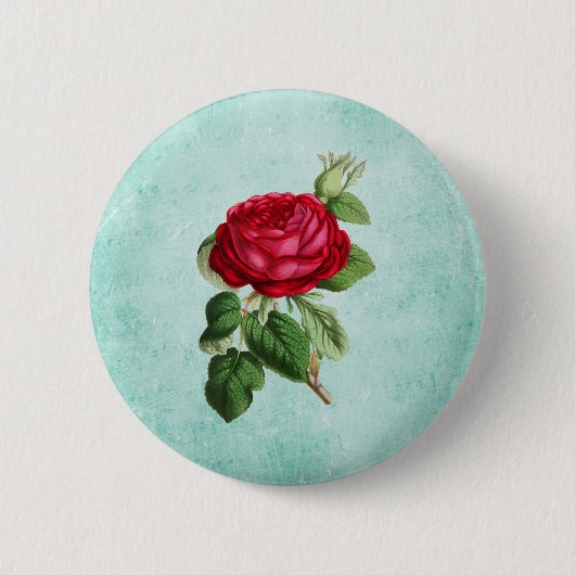 赤いエレガントローズのヴィンテージミントグリーン背景 缶バッジ (正面)
