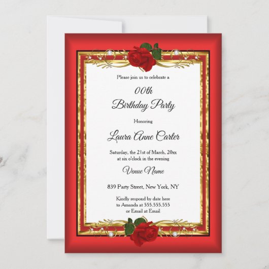 赤いエレガントローズ金ゴールド写真バースデーパーティー 招待状 (正面)
