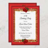 赤いエレガントローズ金ゴールド写真バースデーパーティー 招待状 (正面/裏面)