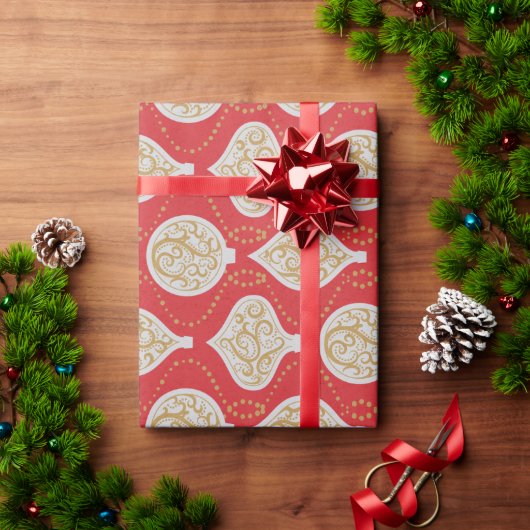 赤いエレガント休日のオーナメントパターンのギフトラップ ラッピングペーパー (クリスマスギフト)