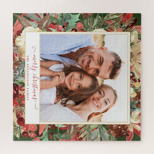 赤いエレガント休日フローラクリスマスフォト ジグソーパズル (横)