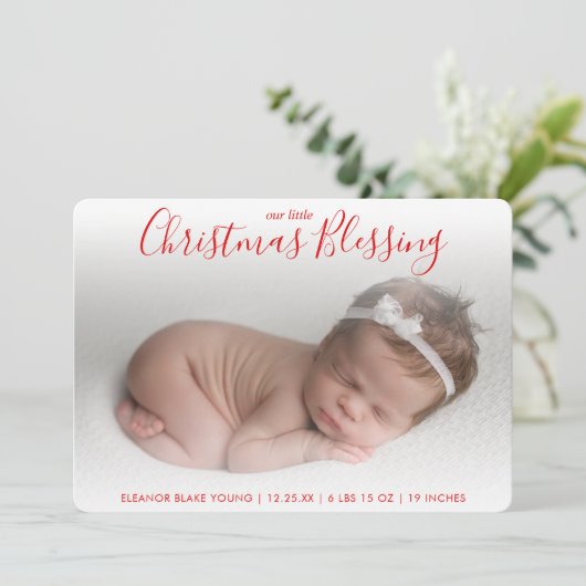 赤いエレガント写真の休日の誕生のお知らせ シーズンカード (スタンド正面)