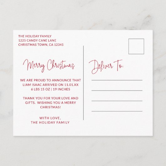 赤いエレガント写真の休日の誕生のお知らせ 案内ポストカード (裏面)