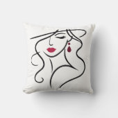 赤いエレガント唇とイヤリングを持つ女性ラインアート クッション (正面)
