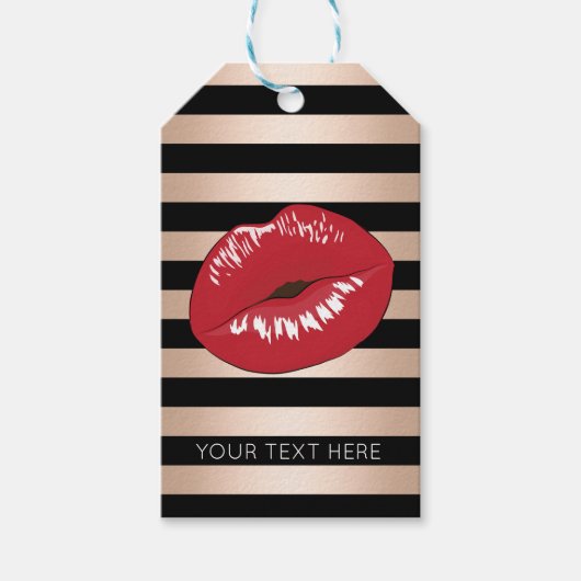 赤いエレガント唇バラ金ゴールド黒いパタストライプーン ギフトタグ (正面)