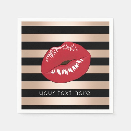 赤いエレガント唇バラ金ゴールド黒いパタストライプーン スタンダードカクテルナプキン (正面)