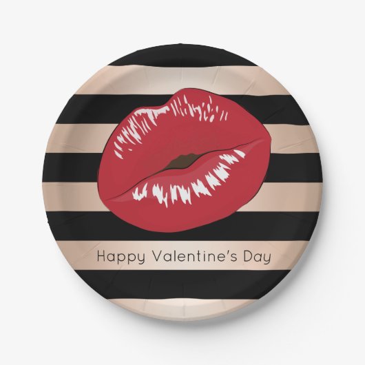 赤いエレガント唇バラ金ゴールド黒いパタストライプーン ペーパープレート (正面)