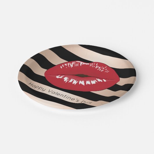 赤いエレガント唇バラ金ゴールド黒いパタストライプーン ペーパープレート (アングル)
