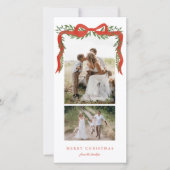 赤いエレガント弓と緑2写真クリスマス シーズンカード (正面)