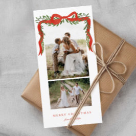 赤いエレガント弓と緑2写真クリスマス シーズンカード