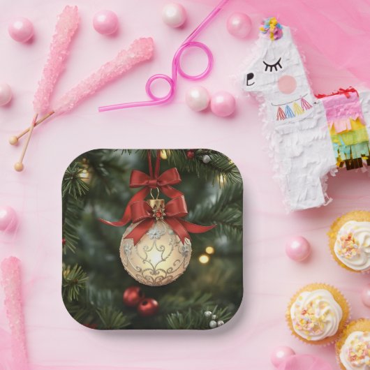 赤いエレガント弓のクリスマスオーナメントコレクション ペーパープレート (パーティー)