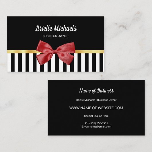 赤いエレガント弓の白黒のストライプ金ゴールド 名刺 (正面/裏面)