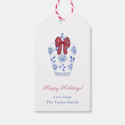 赤いエレガント弓オンジンジャージャージャーハッピーホリデイズ ギフトタグ (正面)