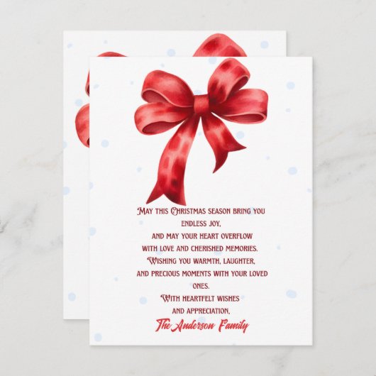 赤いエレガント弓雪のフレークのクリスマス シーズンカード (正面/裏面)