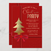 赤いエレガント弓、クリスマスツリーのクリスマスカンパニー 招待状 (正面/裏面)