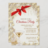 赤いエレガント弓、金ゴールドガラス、星の会社クリスマス 招待状 (正面/裏面)