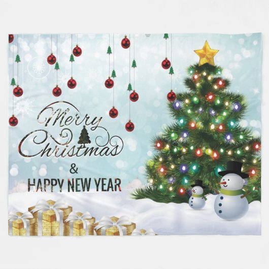 赤いエレガント果実の付いたメリークリスマスツリー フリースブランケット (正面(横))