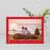 赤いエレガント枠と金ゴールドメリークリスマスフォト 箔シーズンカード (立ち正面)