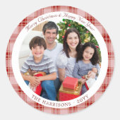 赤いエレガント格子模様のクリスマスの休日の写真 ラウンドシール (正面)