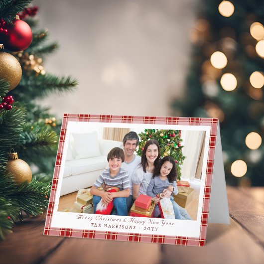 赤いエレガント格子模様のクリスマスフォトホリデーカード シーズンカード