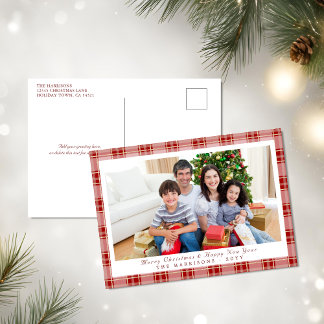 赤いエレガント格子模様のクリスマス写真はがき シーズンポストカード