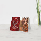 赤いエレガント格子模様のモノグラム写真クリスマス シーズンカード (正面)