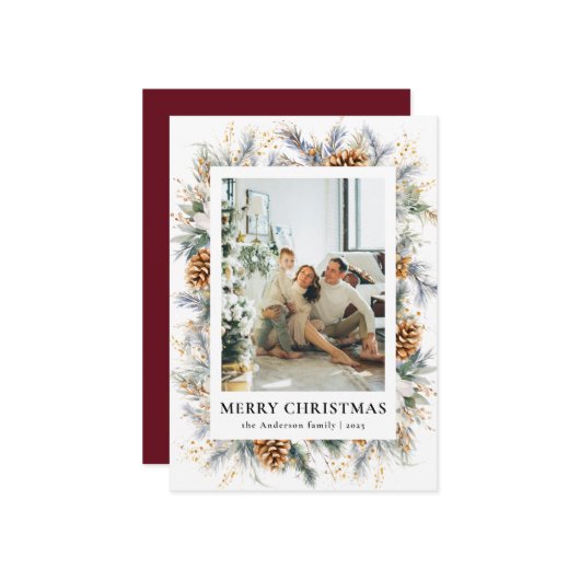 赤いエレガント植物性コンテンポラリークリスマス シーズンカード (正面/裏面インサイチュ)