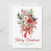 赤いエレガント水の色の弓と花束クリスマス シーズンカード (正面)