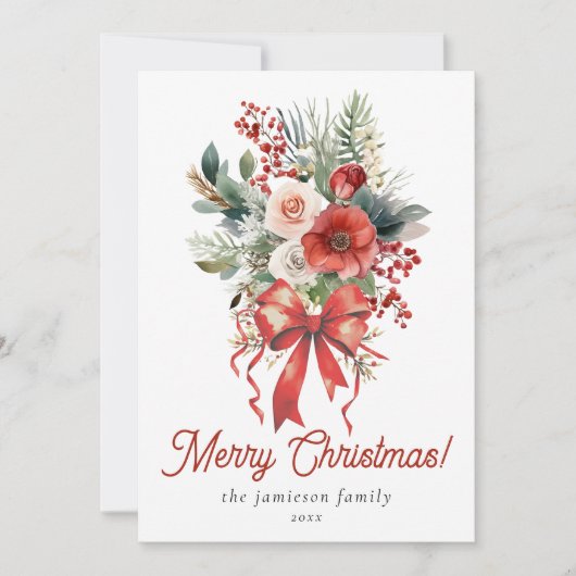 赤いエレガント水の色の弓と花束クリスマス シーズンカード (正面)