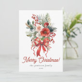 赤いエレガント水の色の弓と花束クリスマス シーズンカード (スタンド正面)