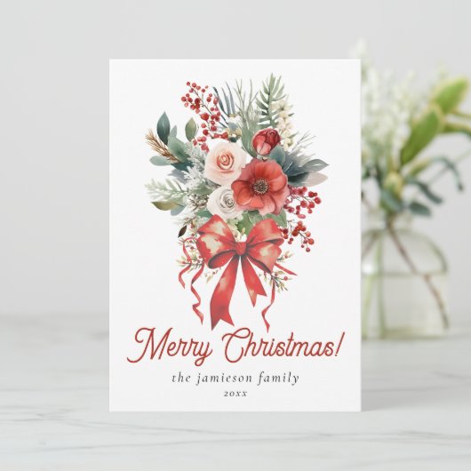 赤いエレガント水の色の弓と花束クリスマス シーズンカード (スタンド正面)