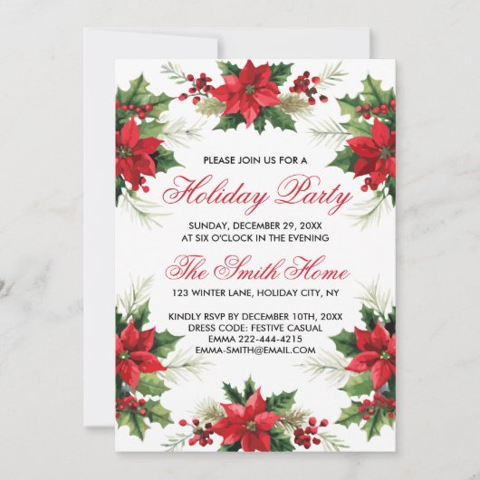 赤いエレガント水の色ポインセチアのホリデーパーティー 招待状 (正面)