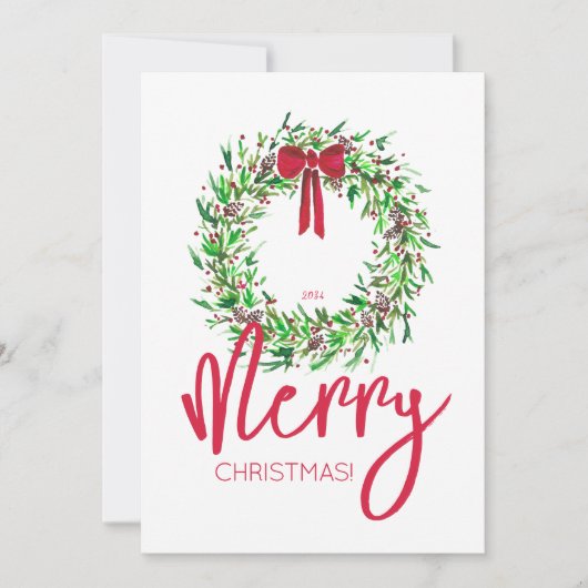 赤いエレガント水色クリスマスリースワンフォト シーズンカード (正面)