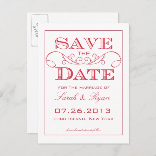 赤いエレガント渦巻き日付葉書を保存 案内ポストカード (正面/裏面)