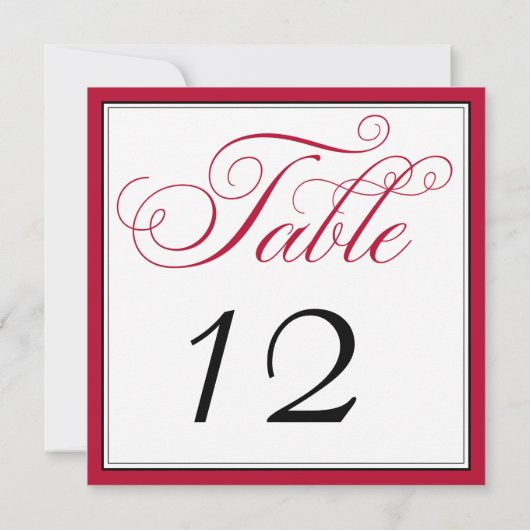 赤いエレガント白黒のスクリプトテーブル番号カード 招待状 (裏面)