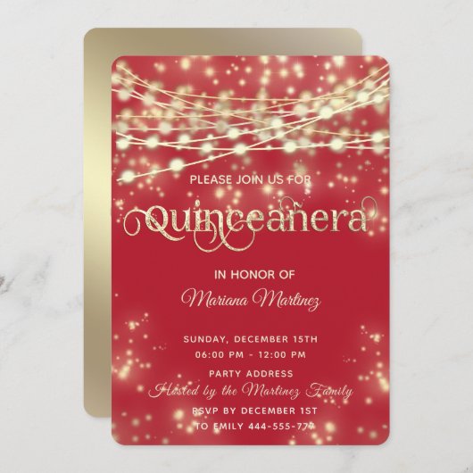 赤いエレガント糸で金ゴールドが輝く 招待状 (正面/裏面)