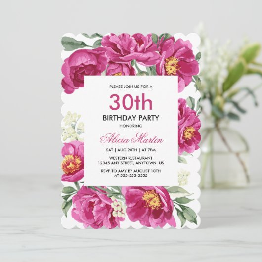 赤いエレガント紫の牡丹の緑30歳の誕生日 招待状 (スタンド正面)